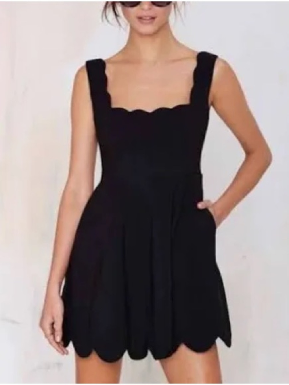 Black Scallop-Edge Sleeveless Mini Dress